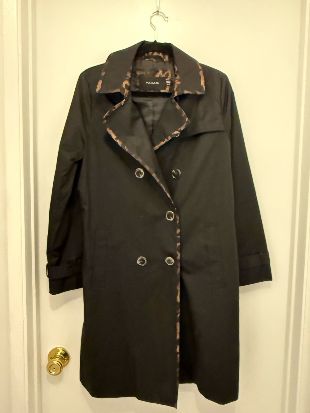 Tahari Black Trench Coat with Leopard-Print Trim